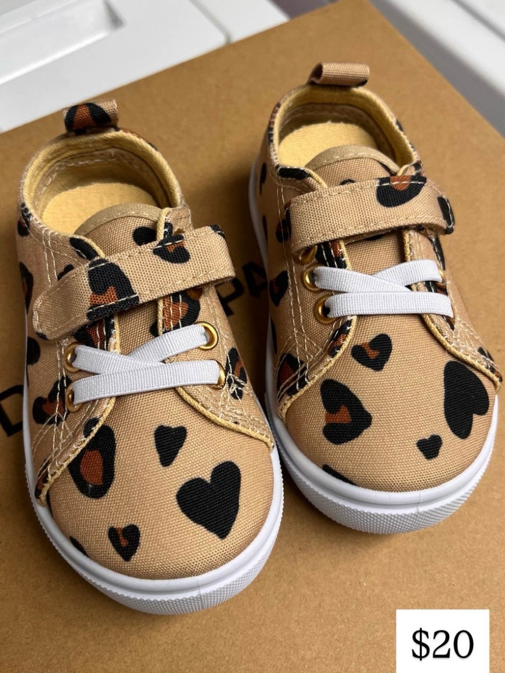 fabkids Tan Canvas Sneakers with Black & Brown Heart Print